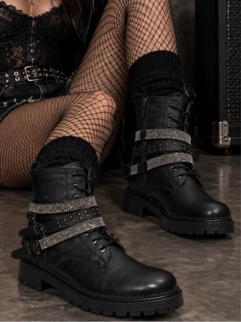 Steve Madden Captain Black leather Studded Rhinestone Strap Combat Booties 8.5M